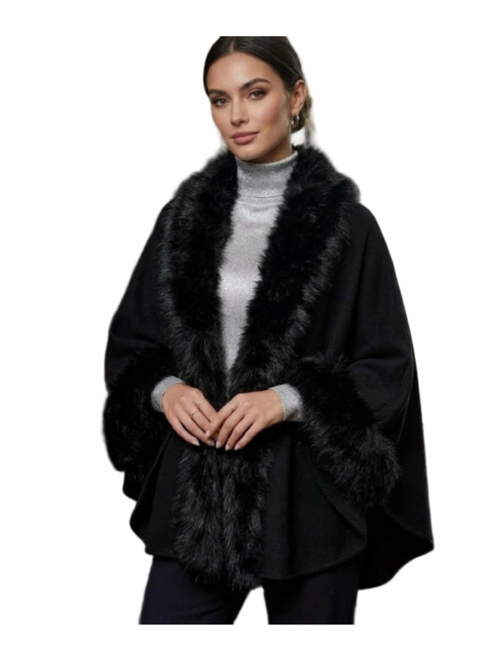 Black Knit Faux Fur Trim Shawl Cape Wrap Poncho Open Front Cardigan 2130